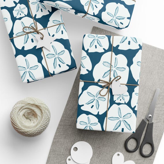 White Poppy Pattern Wrapping Paper | Floral Gift Wrap, Navy Background