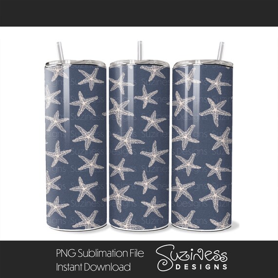 Starfish on Denim Blue - Seamless digital download design PNG file for a 20 oz Skinny Tumbler sublimation wrap
