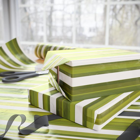 Green Stripe Pattern Wrapping Paper | Olive Lime Vertical Stripes