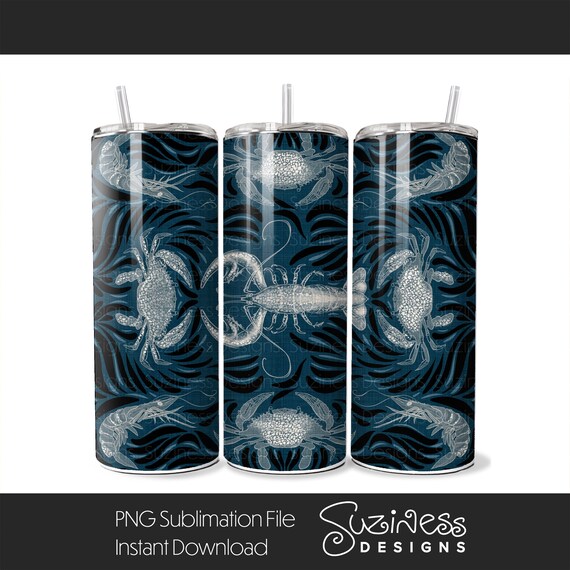 Crabs, Shrimp, Lobster, Starfish, Conch- Seamless digital download design PNG file for a 20 oz Skinny Tumbler sublimation wrap