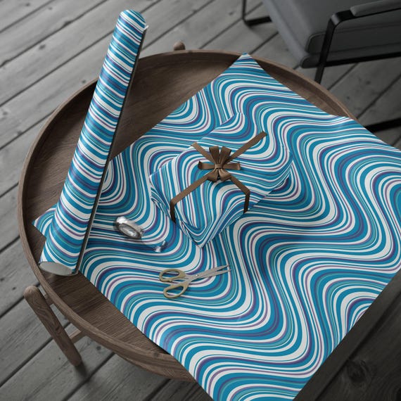 Blue Wavy Stripe Wrapping Paper | Retro Swirl Gift Wrap Roll