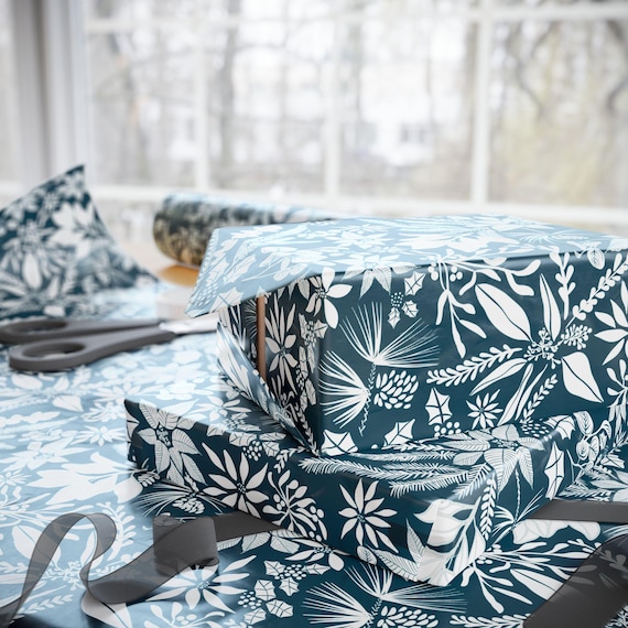 Teal Botanical Christmas Floral Wrapping Paper | Nature Leaf Pattern