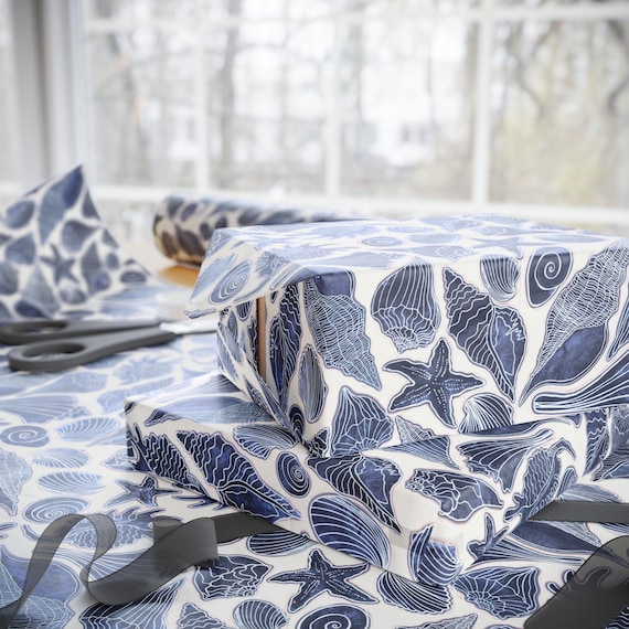 Blue Shell Pattern Wrapping Paper | Nautical Seashell Print