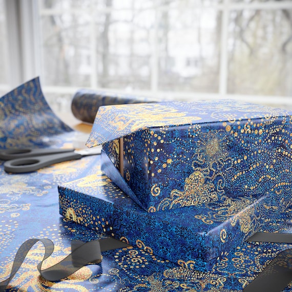 Blue Gold Damask Wrapping Paper | Ornate Floral Pattern, Luxe Gift Wrap