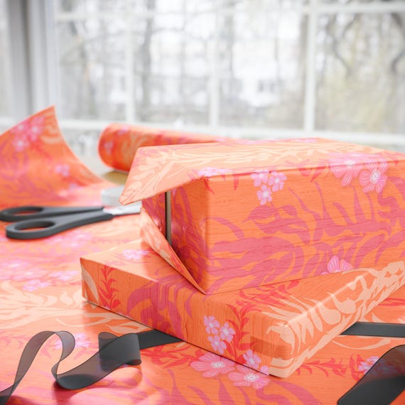 Peach Floral Tropical Swirl Wrapping Paper | Floral Gift Wrap Roll, Pink Orange Pattern