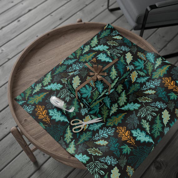 Teal and Gold Leaf Pattern Wrapping Paper | Botanical Holiday Wrap