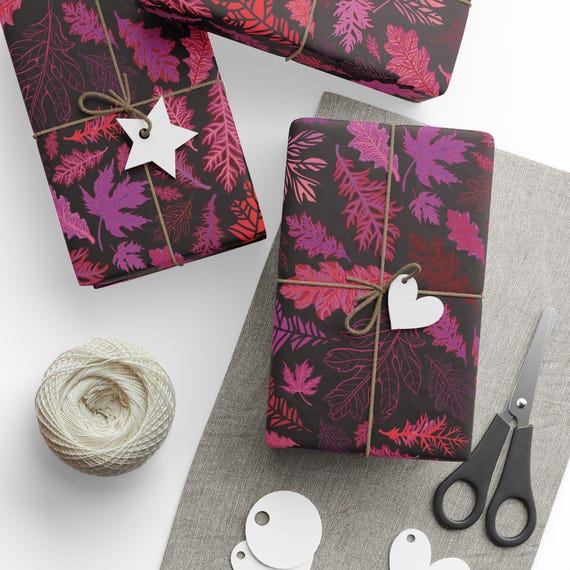 Pink Leaf Pattern Wrapping Paper | Floral Foliage Gift Wrap, Black Background