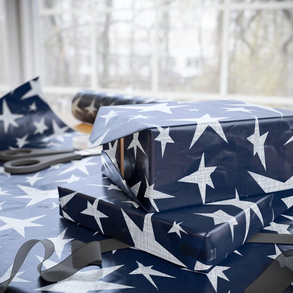Navy Star Pattern Wrapping Paper | Patriotic Stars Gift Wrap