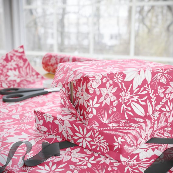 Winter Floral Botanical Pattern Wrapping Paper | Pink Holiday Gift Wrap