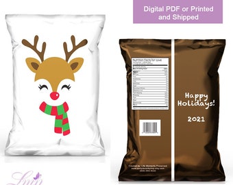 Reindeer Chip Bag - Christmas Favor Bag - Teacher Christmas Favor - School Party - Holiday Party - Christmas Treats - Christmas Candy Bags