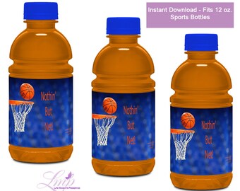 May include: Three orange 12-ounce sports drink bottles with blue lids and labels featuring a basketball going through a hoop with the text "Nothin' But Net!"