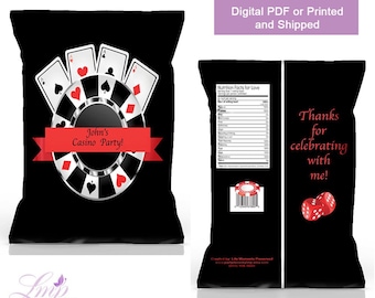 May include: Black chip bag favor with a red and silver casino chip, playing cards, and the text "John's Casino Party!" printed on the front. The back of the bag has the text "Thanks for celebrating with me!" printed on it.