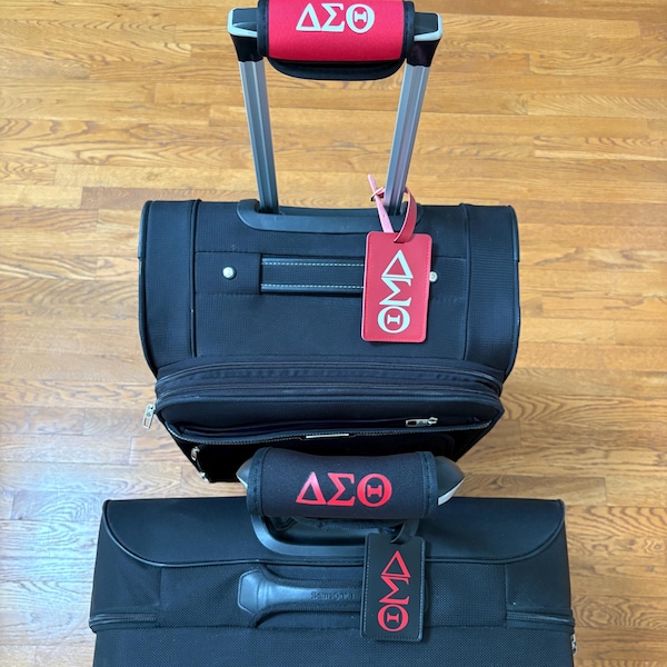 Delta Sigma Theta Luggage Handle Wrap, Sorority Luggage Cushion, Red and Black Neoprene Travel Accessory, Soror Crossing Gift, Probate Gift