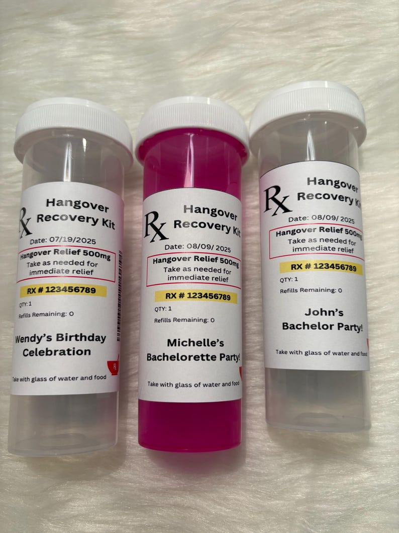 Kit de recuperación para la resaca - Despedida de soltera - Regalos de cumpleaños - Kits de frascos de medicamentos - Frascos de pastillas para el kit de recuperación - Regalos de despedida de soltera Clear w\Label Large