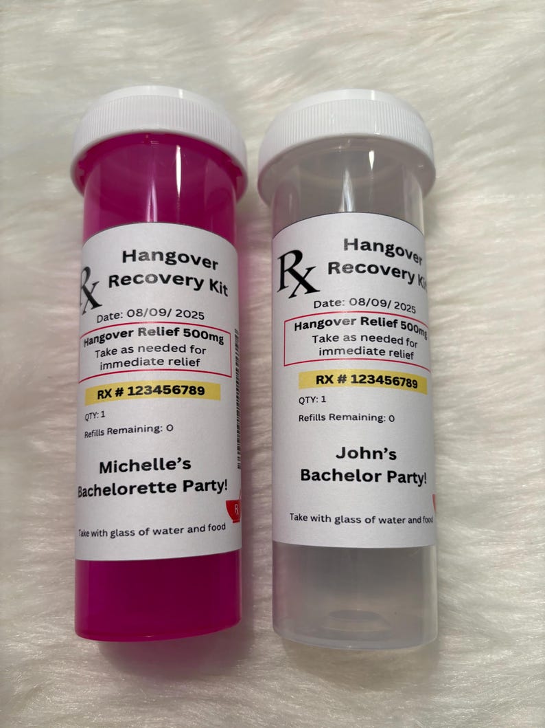 Kit de recuperación para la resaca - Despedida de soltera - Regalos de cumpleaños - Kits de frascos de medicamentos - Frascos de pastillas para el kit de recuperación - Regalos de despedida de soltera imagen 1