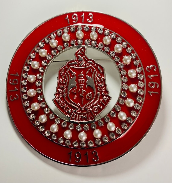 Delta Sigma Theta Shield Pin - Delta Pearl and Rhinestone Pin - Red and White Delta Pin Il_570xn