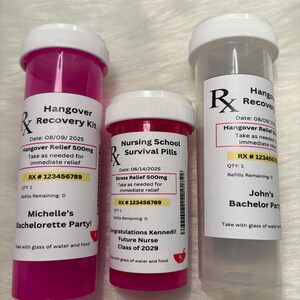 Kit de recuperación para la resaca - Despedida de soltera - Regalos de cumpleaños - Kits de frascos de medicamentos - Frascos de pastillas para el kit de recuperación - Regalos de despedida de soltera imagen 4
