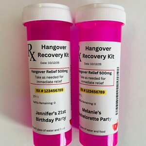 Kit de recuperación para la resaca - Despedida de soltera - Regalos de cumpleaños - Kits de frascos de medicamentos - Frascos de pastillas para el kit de recuperación - Regalos de despedida de soltera Pink w\Label Large