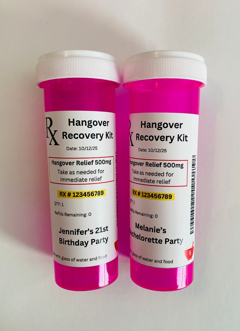 Kit de recuperación para la resaca - Despedida de soltera - Regalos de cumpleaños - Kits de frascos de medicamentos - Frascos de pastillas para el kit de recuperación - Regalos de despedida de soltera Pink w\Label Large