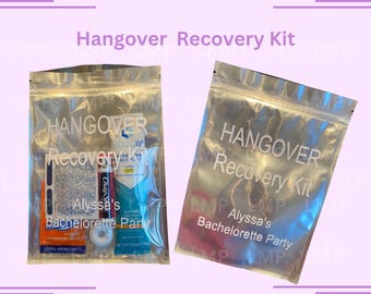 May include: Two clear plastic bags with the text "Hangover Recovery Kit" and "Alyssa's Bachelorette Party" printed on them. The bags contain various items, including a bottle of electrolyte drink mix, a pack of headache tablets, a tube of hand sanitizer, and a pack of gum.