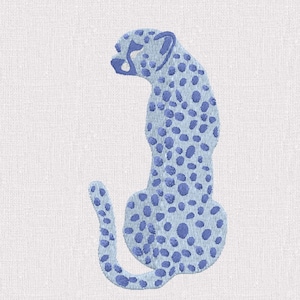 May include: A light blue cheetah illustration with darker blue spots, sitting upright with its tail curled. The cheetah is centered on a white background. The design is simple and elegant, suitable for various applications.