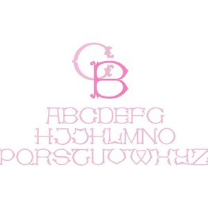 May include: A pink monogram with the letters "GB" and a full alphabet in a matching pink, all in a decorative, ornate font. The letters are set against a clean white background, creating a classic and elegant design.