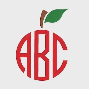 May include: Red apple-shaped monogram with the letters "ABC" inside. The apple has a brown stem and a green leaf. The background is a solid light gray color.