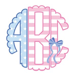 Op de afbeelding: Een cirkelvormig monogram met de letters A, B en C. De letter A is lichtblauw met witte sterren. De letter B bestaat uit horizontale roze en witte strepen. De letter C is roze met een lichtblauwe strik aan de zijkant bevestigd.