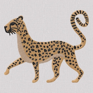 May include: Embroidered cheetah design in tan and black. The cheetah is depicted in a walking pose with a curled tail. The design is on a light beige fabric, showcasing the detailed stitching and color contrast.