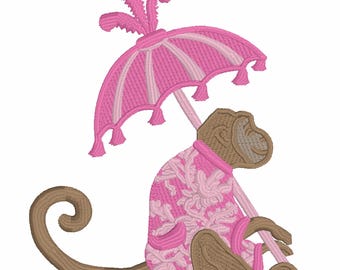 4x4 Chinoiserie Monkey Embroidery Design: Chimp with Parasol (9 Formats - Digital Download)