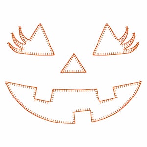 May include: Orange stitched outline of a jack-o'-lantern face on a white background. The design includes triangular eyes, a triangular nose, and a wide, toothy grin, all in a simple, cartoonish style, perfect for Halloween.