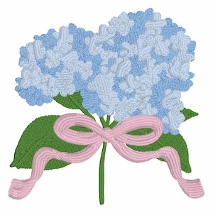 May include: Embroidered image of a hydrangea flower with blue and white blossoms, green leaves, and a pink bow. The floral design is detailed with textured stitching, creating a three-dimensional effect. The bow adds a delicate touch to the overall composition.
