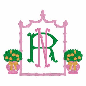 May include: A pink and green monogram design featuring the letters "NR" in a decorative frame. Two pink vases with yellow bows and green and yellow floral arrangements flank the frame. The design is on a white background.