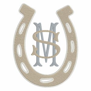 May include: Embroidered horseshoe design in beige with a white outline. The centre features the letters "MS" in a light beige and grey colour scheme. Suitable for equestrian or monogram-themed products.
