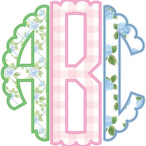 May include: A decorative monogram featuring the letters A, B, and C. The letter A is outlined in green with a blue rose pattern. The letter B is outlined in pink with a light pink gingham check pattern. The letter C is outlined in blue with a blue hydrangea floral pattern.