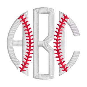 May include: White embroidered baseball-themed monogram featuring the letters ABC. The letters are arranged in a circular pattern, with red stitching resembling baseball seams. The design is set against a white backdrop.