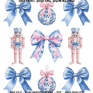 May include: A digital collection featuring light blue satin bows, two pink and blue nutcracker figures, two blue and white floral patterned Christmas ornaments with pink ribbons, and a large central bow with a pink and blue floral pattern.