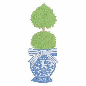 May include: An embroidered design of a topiary tree in a blue and white vase. The tree has two green, rounded sections with a brown trunk. The vase is blue with white floral patterns and a striped bow.