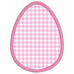 Peut inclure: Un motif d'œuf de Pâques rose et blanc à carreaux vichy, bordé d'une broderie rose. La forme de l'œuf est remplie d'un motif à carreaux rose et blanc classique, idéal pour les créations de Pâques.