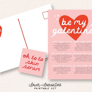 Könnte beinhalten: Druckbare Valentinstagskarte mit rosa Hintergrund und einem roten Herzen mit dem Text "be my galentine". Die Karte enthält Rezepte für ein Zuckerscrub, ein Hautserum, ein Raumspray, ein Badesalz und ein Lippenpeeling.