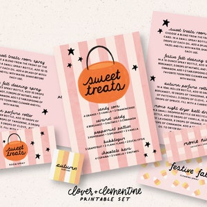 May include: Printable set of cards with pink and white stripes and stars. The cards feature recipes for room spray, cleaning spray, perfume roller, and dryer ball drops. The recipes include essential oils like bergamot, orange, and clove. The cards also include a list of candy and chocolate bar scents.