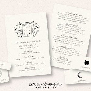 May include: Printable set of cards with hand-drawn illustrations and text for fall-themed essential oil blends. The cards include names like "Pumpkin in the Patch", "French Twist", "Harvest Moon", "Coffee Shop", and "Autumn Nights".