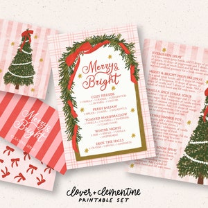 Op de afbeelding: Een printbaar setje met kaarten met feestelijke ontwerpen. De kaarten bevatten een kerstboom, rode strikken en de tekst "Merry & Bright". De set bevat ook recepten voor seizoensgeuren.
