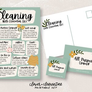 May include: Printable cleaning recipe cards with a green background and yellow flowers. The cards feature instructions for making all-purpose cleaner, soft scrub, laundry boost, and cleaning solutions for pots and pans, carpets, floors, glass and mirrors, and clothing stains. The text "Cleaning with Essential Oils" is featured on the cards.