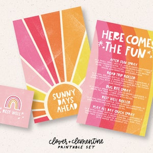 Downloaden + afdrukken | "Here Comes the Fun" kinderrecepten- en etikettenset | Zomerblends + Recepten voor vrolijke post, enz.