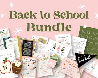 May include: A collection of printable back to school themed resources, including alphabet charts, recipes, diffuser blends, and activities. The resources are colorful and feature illustrations of children, apples, and other school-related items.