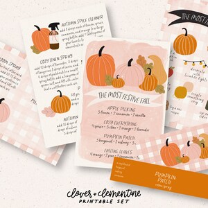 Könnte beinhalten: Druckbare Karten mit Illustrationen von Kürbissen und Herbstblättern. Die Karten enthalten Rezepte für Apfelernte, gemütliches Alles, Kürbisfeld und fallende Blätter. Der Text "Der festlichste Herbst" ist oben auf der Karte abgebildet.