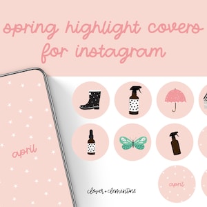 Könnte beinhalten: Ein Satz von neun rosa und weißen Instagram-Highlight-Covern mit Illustrationen eines Schmetterlings, Gummistiefeln, einer Sprühflasche, eines Regenschirms, eines Korbs mit Gartenutensilien und den Worten "April", "März" und "Mai".