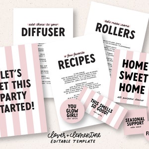 Może przedstawiać: Drukowane pobranie cyfrowe różowo-białych paskowanych kart z czarnym tekstem. Karty zawierają frazy "Let's Get This Party Started!" "Home Sweet Home", "You Glow Girl!" i "This Smells So Good!"  Karty są częścią zestawu drukowanych szablonów do przepisów na olejki eteryczne i mieszanki do dyfuzorów.