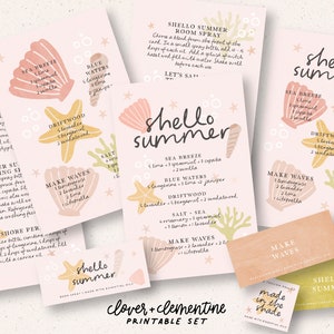 May include: Printable cards with a summer theme featuring seashells, starfish, and coral. The cards have instructions for making different essential oil blends with names like "Sea Breeze", "Blue Waters", and "Driftwood". The text "Shello Summer" appears on several of the cards.